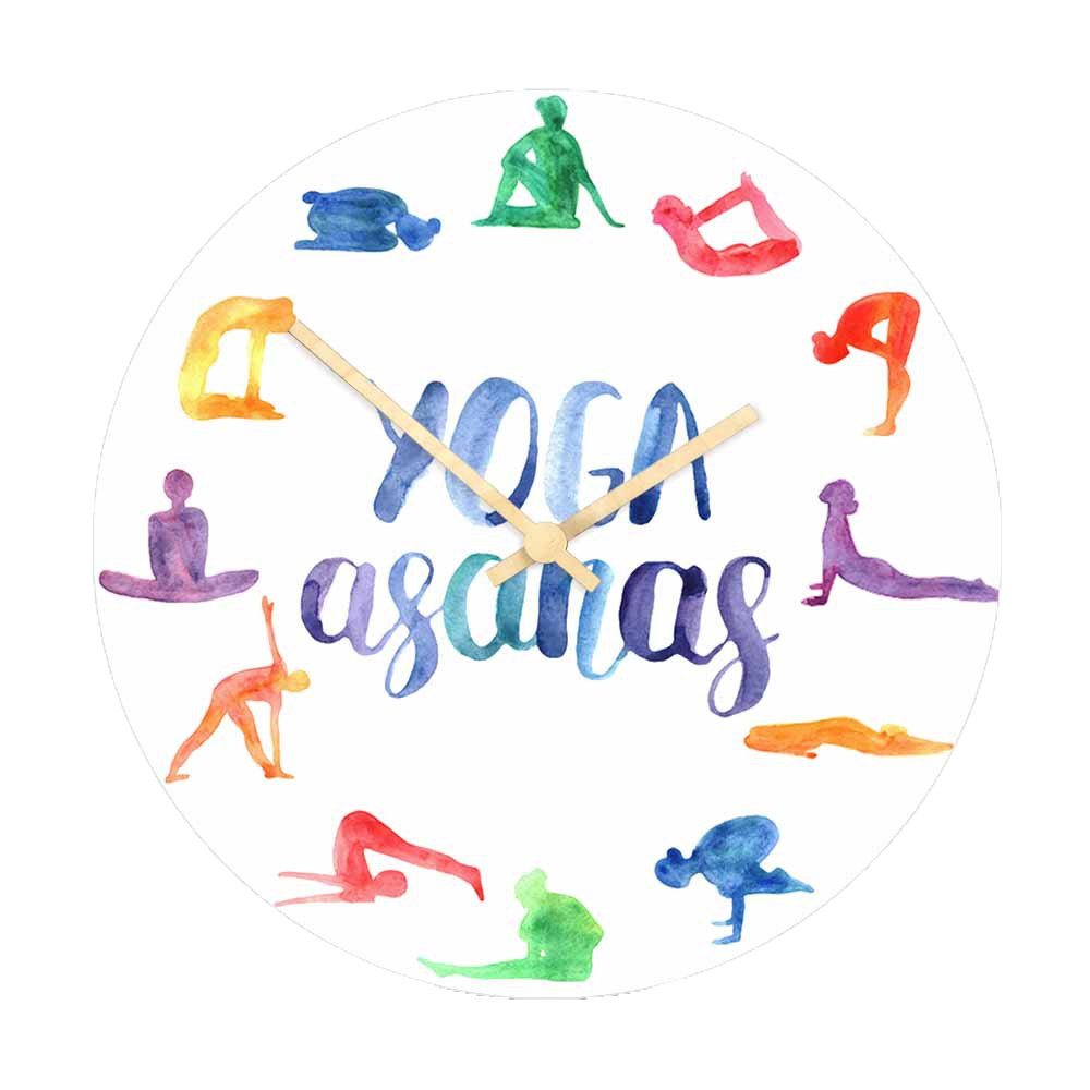 Yoga Fitness Gifts - Aquarell-Yoga-Asanas-Wanduhr, bunte Yoga-Posen, geräuschlose Quarzuhr, Yoga-Studio-Schlafzimmerdekoration,